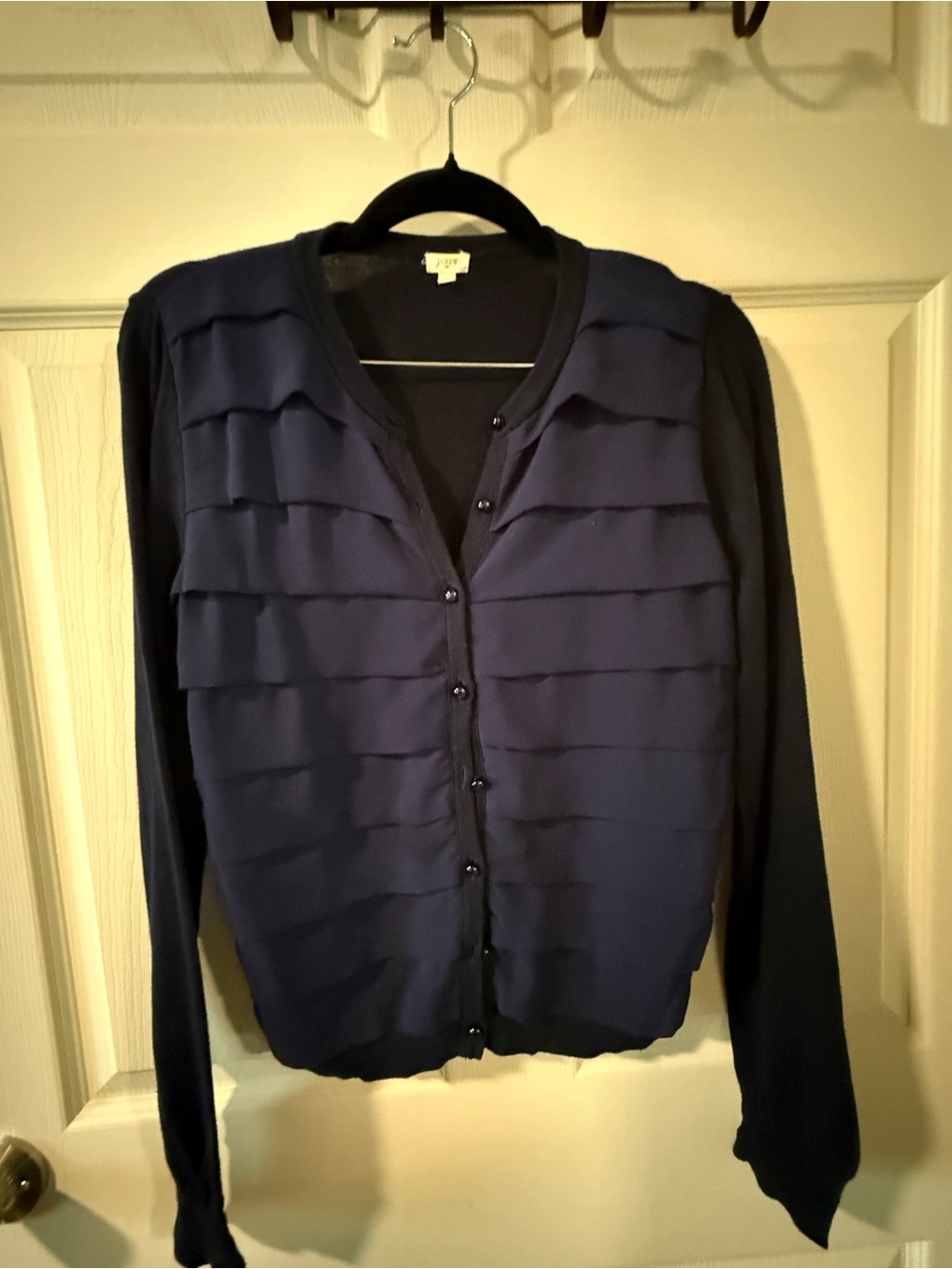 J. Crew Navy Layered Ruffle Front Cardigan,  Size S